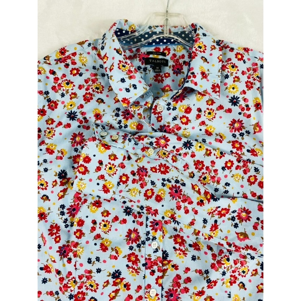 Talbots Button Up Shirt Women Sz 14 Floral Non Iron Long Sleeve Cotton Blend